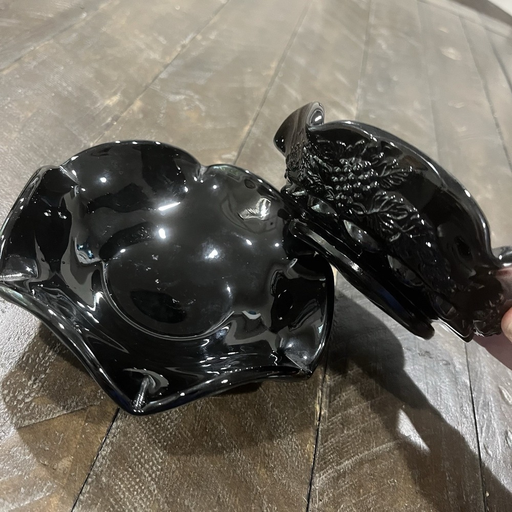 Westmoreland Black Glass Trinket Dish Scallop Grape and Cable Design Set Of 2